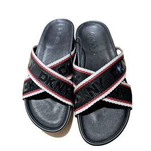 NEW DKNY 6.5 Black red/white stripe GLOSSY Logo Platform Sandal Textile Straps